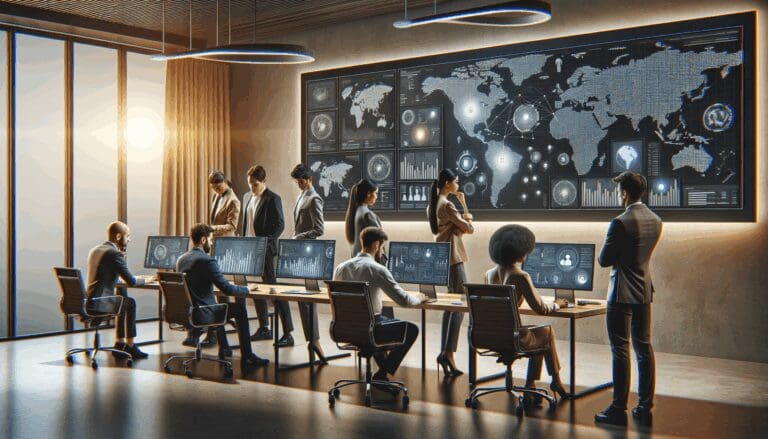 Equipo de emprendedores trabajando sobre pantallas con gráficos de datos y conceptos de inteligencia artificial en una oficina moderna