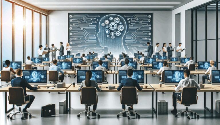 Espacio de trabajo moderno con emprendedores usando computadoras con gráficos de inteligencia artificial