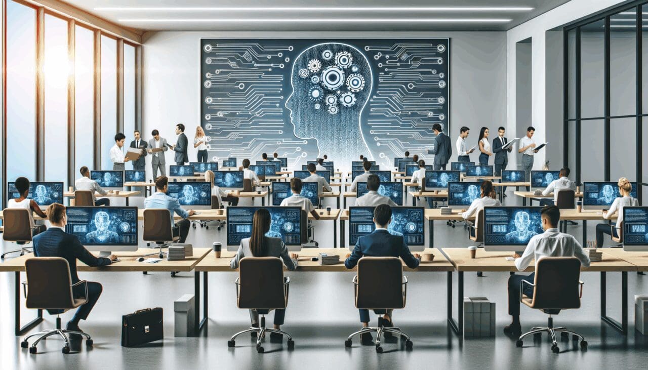 Espacio de trabajo moderno con emprendedores usando computadoras con gráficos de inteligencia artificial