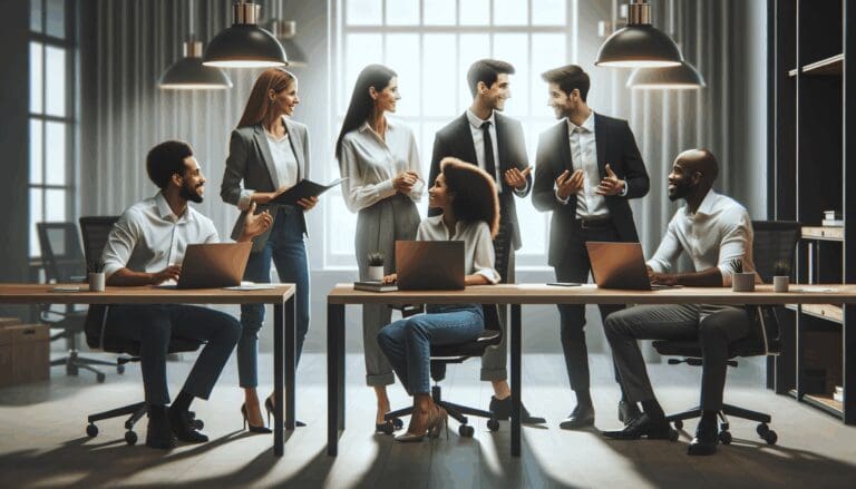 Personas emprendedoras colaborando en un moderno espacio de coworking