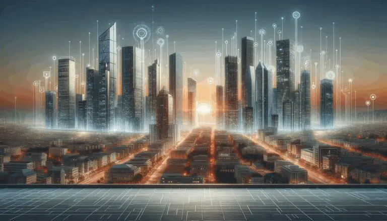 Vista panorámica de un distrito financiero moderno con rascacielos tecnológicos al atardecer