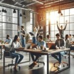 Oficinas modernas con emprendedores trabajando en laptops, ambiente colaborativo