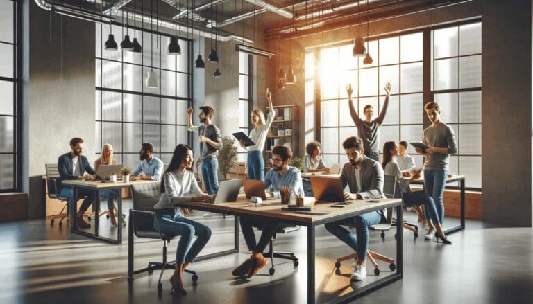 Oficinas modernas con emprendedores trabajando en laptops, ambiente colaborativo