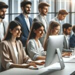 Jóvenes emprendedores trabajando en computadoras en un moderno centro de innovación