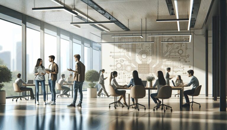 Estudiantes colaborando en un espacio de coworking tecnológico de arquitectura moderna