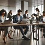 Oficina moderna con profesionales jóvenes trabajando en laptops, estilo startup