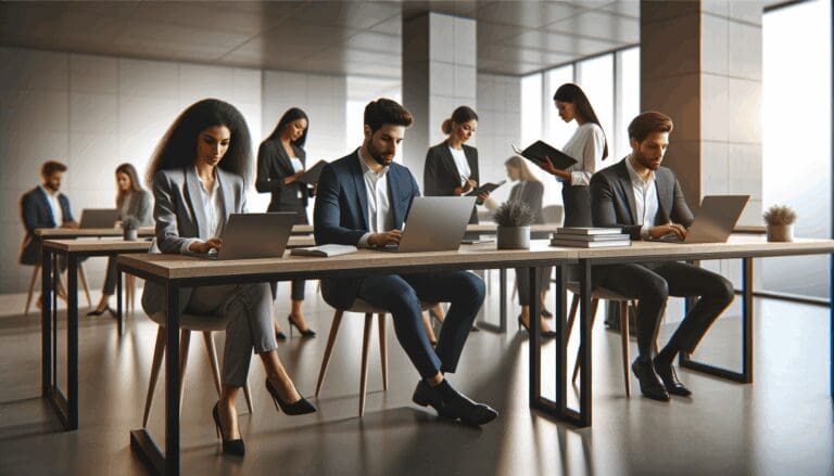 Oficina moderna con profesionales jóvenes trabajando en laptops, estilo startup