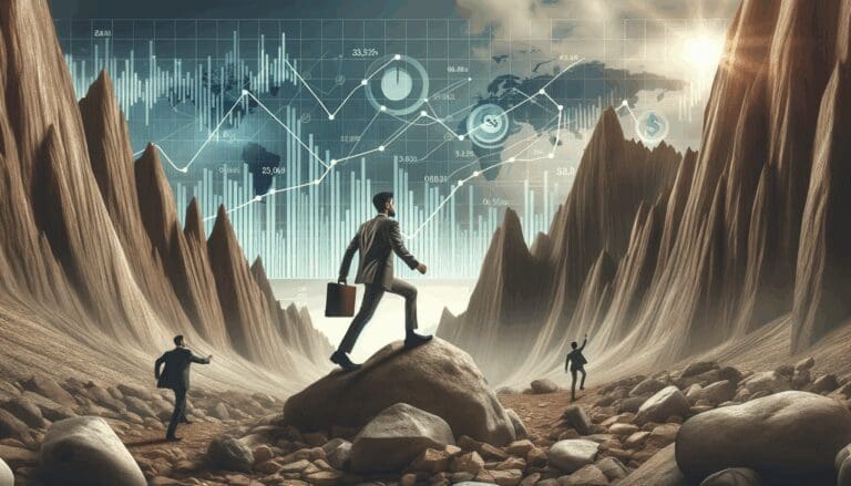 Ilustración conceptual de un emprendedor cruzando un valle rocoso con gráficos financieros al fondo