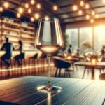 Detalle de una copa de vino sobre una mesa en un bar moderno, con fondo desenfocado y luz cálida