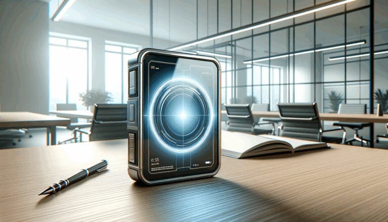 Dispositivo futurista portátil sobre una mesa en un entorno de oficina moderna