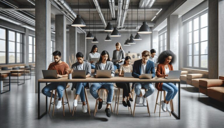 Personas jóvenes trabajando en laptops en un coworking con ambiente moderno
