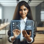 Persona utilizando un dispositivo tecnológico futurista en una oficina moderna