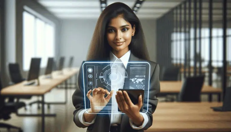 Persona utilizando un dispositivo tecnológico futurista en una oficina moderna