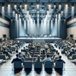 Auditorio moderno lleno de emprendedores durante una conferencia tecnológica