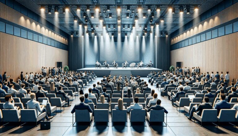 Auditorio moderno lleno de emprendedores durante una conferencia tecnológica