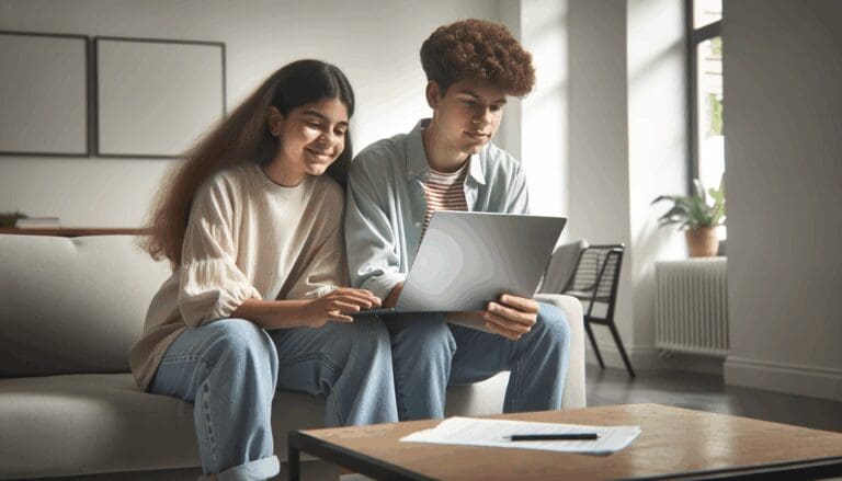 Dos adolescentes usando una laptop en una sala con estilo tecnológico y moderno