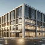 Fachada moderna de un edificio de incubadora tecnológica con cielos despejados