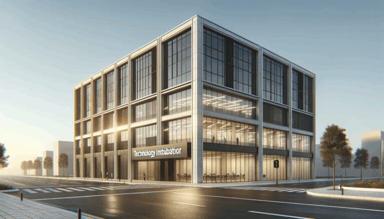 Fachada moderna de un edificio de incubadora tecnológica con cielos despejados