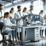 Equipo de científicos con instrumentos tecnológicos trabajando en un entorno industrial