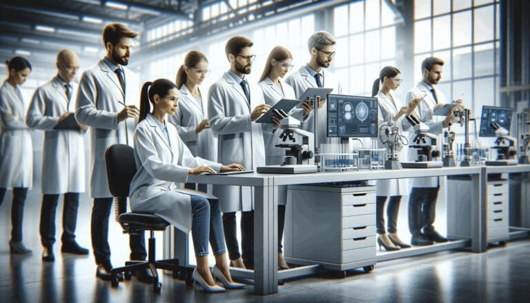 Equipo de científicos con instrumentos tecnológicos trabajando en un entorno industrial