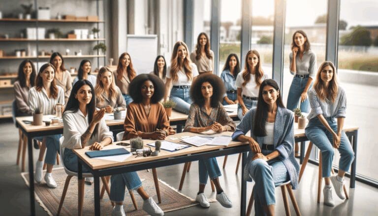 Grupo de mujeres participando en un taller de emprendimiento en un espacio moderno