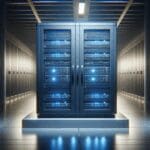 Moderno servidor de telecomunicaciones en un centro de datos iluminado