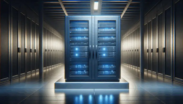 Moderno servidor de telecomunicaciones en un centro de datos iluminado