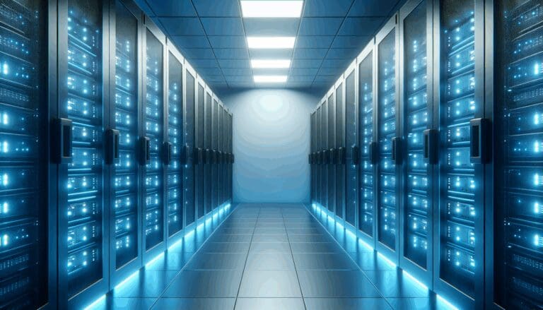 Sala moderna de servidores en un centro de datos con luces azules y racks organizados