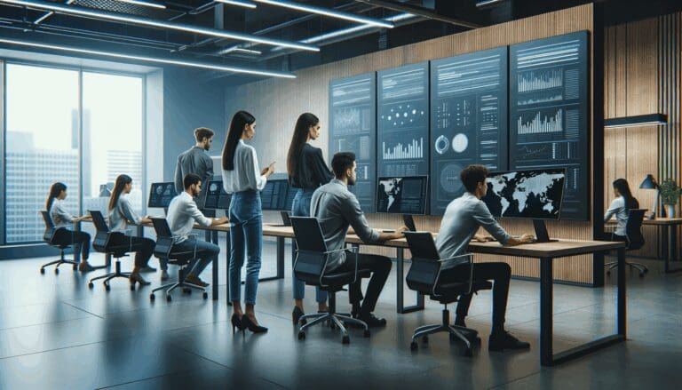 Grupo de jóvenes en un coworking tecnológico, colaborando frente a pantallas con datos y mapas