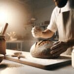 Primer plano de obrador artesanal preparando pan sin gluten en una cocina luminosa