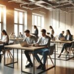 Espacio moderno de coworking con emprendedores trabajando en laptops en entorno luminoso