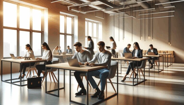 Espacio moderno de coworking con emprendedores trabajando en laptops en entorno luminoso