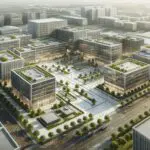 Vista aérea de un moderno centro de innovación con edificios de oficinas y zonas verdes