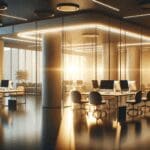 Oficinas modernas de una startup tecnológica con luces cálidas y ambiente colaborativo