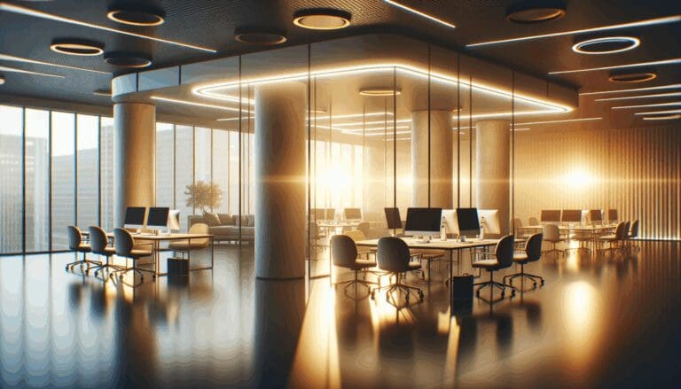 Oficinas modernas de una startup tecnológica con luces cálidas y ambiente colaborativo
