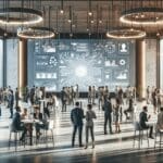 Personas interactuando en un evento de startups con pantallas, luces y equipos tecnológicos alrededor