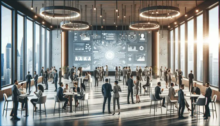 Personas interactuando en un evento de startups con pantallas, luces y equipos tecnológicos alrededor