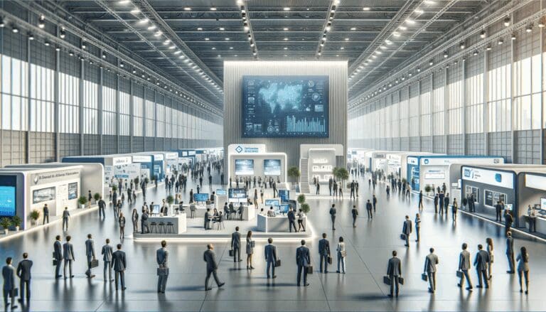Vista panorámica de un pabellón de exhibición con stands tecnológicos y emprendedores presentando sus proyectos