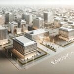 Vista aérea de un campus tecnológico con edificios modernos