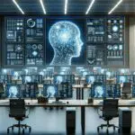 Pantallas con código de inteligencia artificial en un entorno moderno de oficina