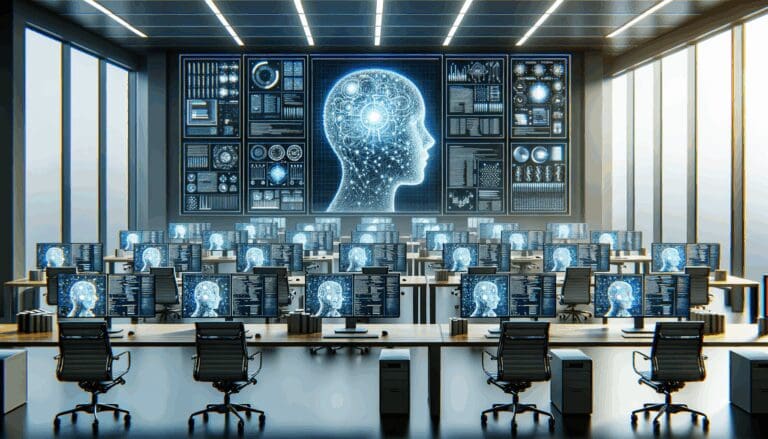 Pantallas con código de inteligencia artificial en un entorno moderno de oficina