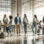 Estudiantes colaborando en un espacio de coworking moderno