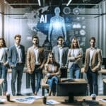 Equipo de jóvenes emprendedores frente a pantallas con gráficos de IA en una oficina moderna