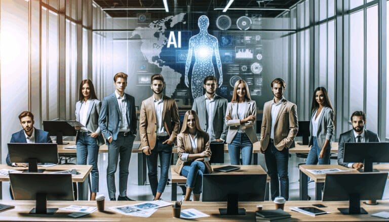 Equipo de jóvenes emprendedores frente a pantallas con gráficos de IA en una oficina moderna