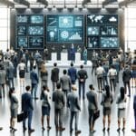 Emprendedores reunidos en una feria tecnológica con stands modernos y pantallas interactivas