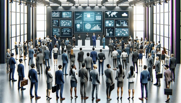 Emprendedores reunidos en una feria tecnológica con stands modernos y pantallas interactivas