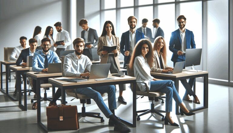 Equipo de emprendedores trabajando en una oficina moderna con laptops y gadgets