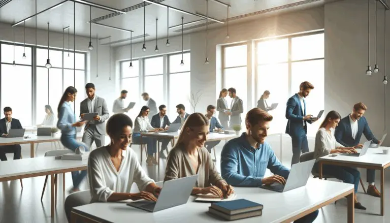 Coworking moderno con emprendedores trabajando en laptops dentro de una oficina luminosa