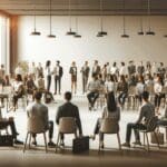 Personas reunidas en un espacio de coworking moderno durante una sesión de mentoría