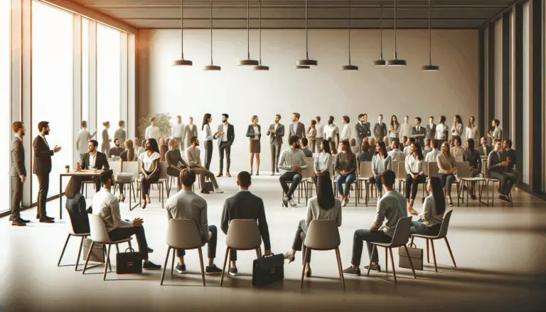 Personas reunidas en un espacio de coworking moderno durante una sesión de mentoría